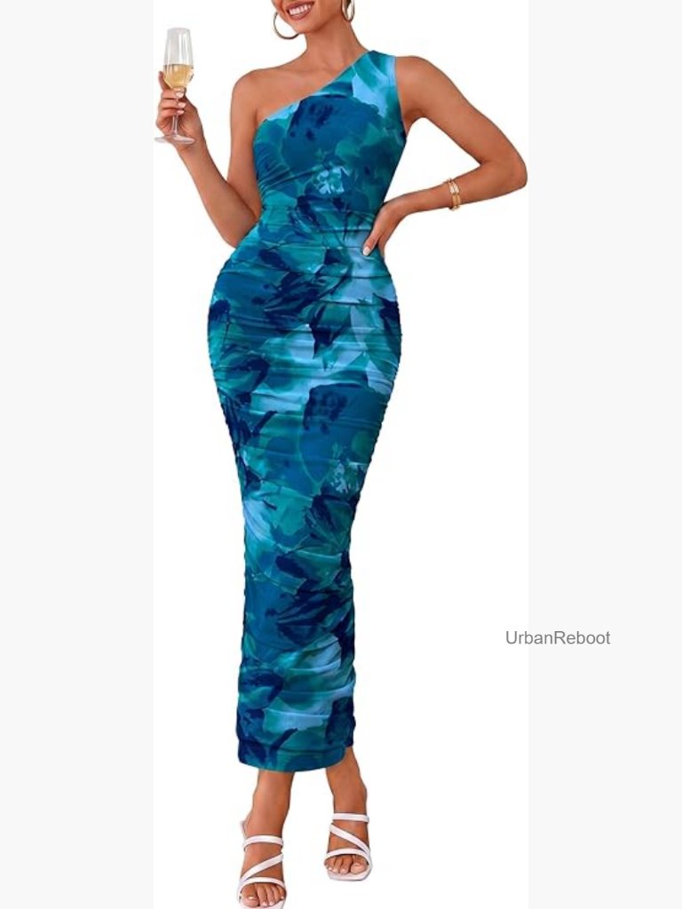 One Shoulder Ruched Mesh Bodycon Maxi Dress Cocktail Party